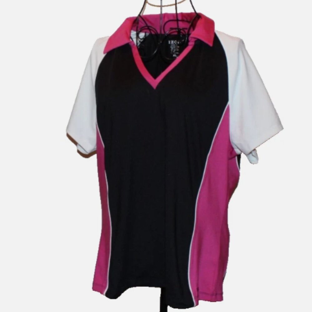 Izod Collared Shirt White Purple Black Short Sleeve Pullover Top Sz XL Stretch